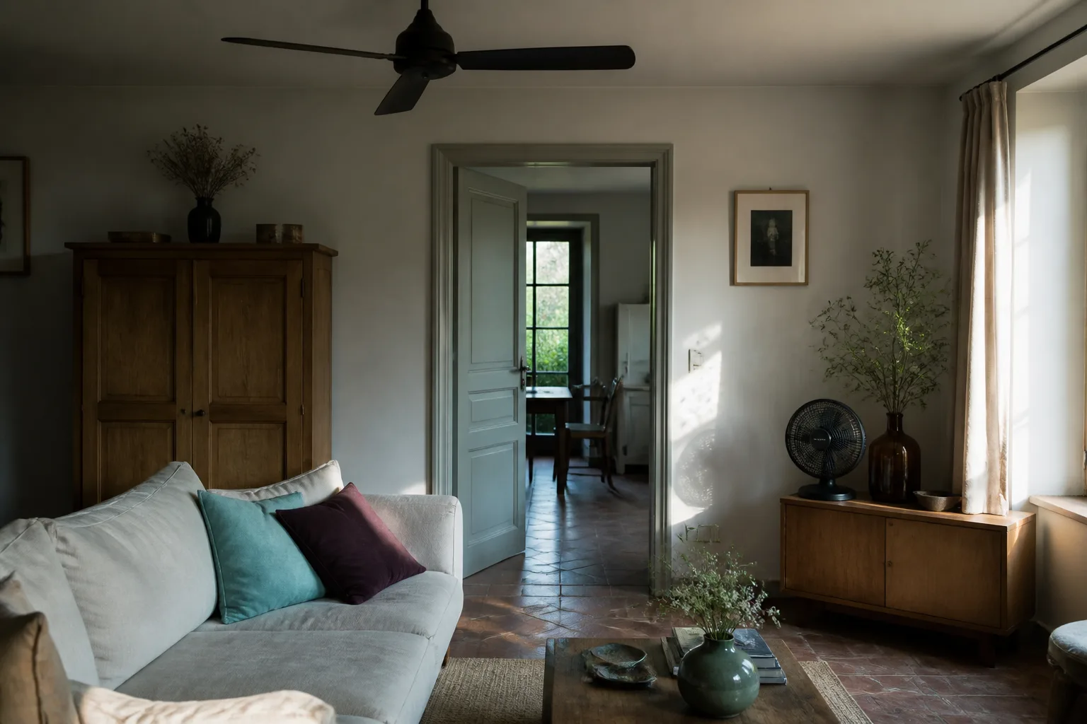 Salon avec ventilateur de plafond et petit ventilateur posé sur un meuble