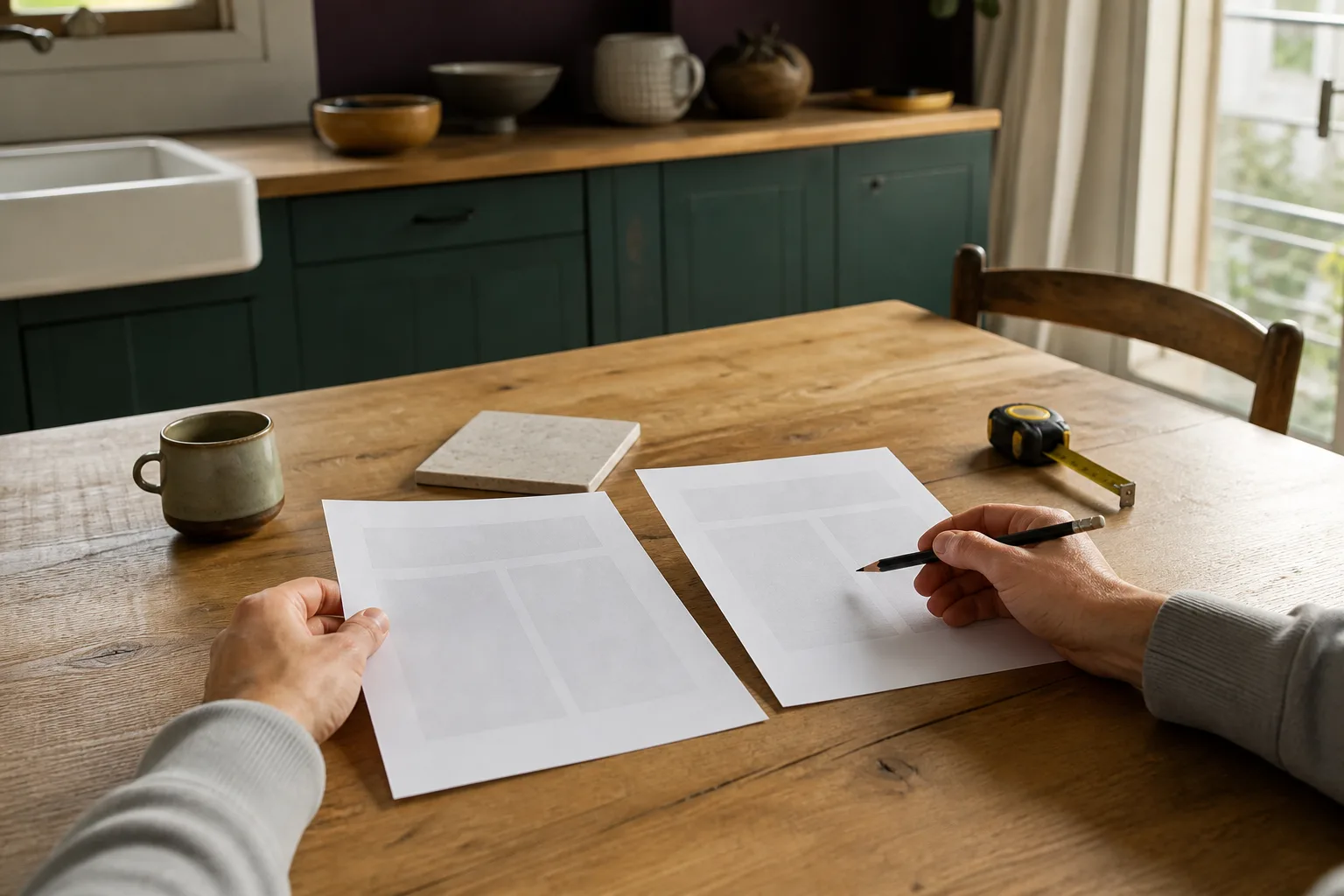 Deux documents vierges comparés sur une table de cuisine