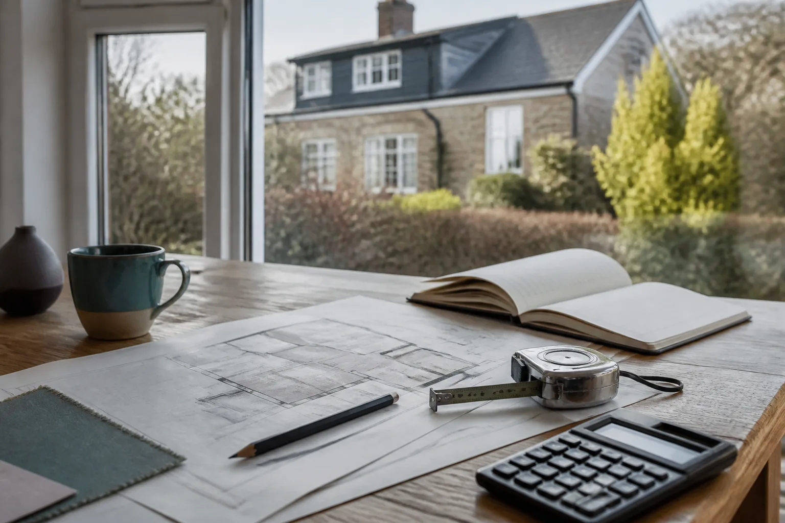 Plan de logement, mètre et carnet sur une table de travail