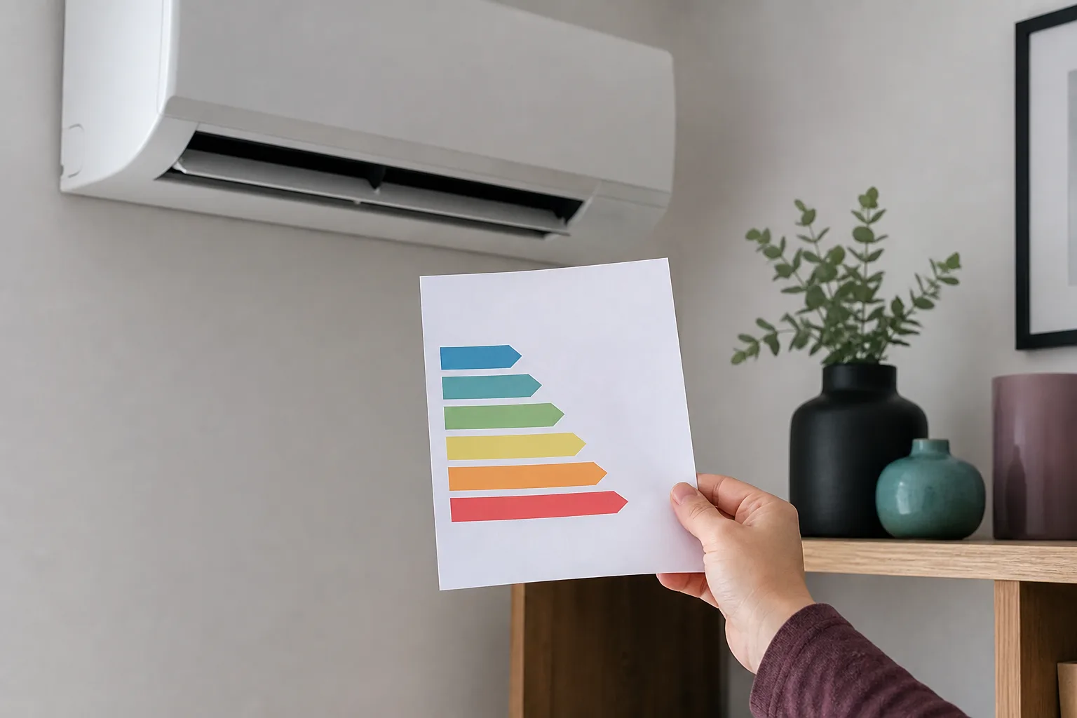 Étiquette de performance tenue devant une unité de climatisation