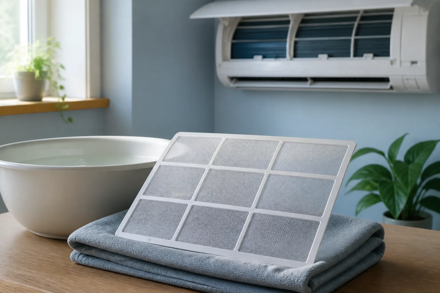 Filtre lavable posé sur un tissu près d'un appareil intérieur