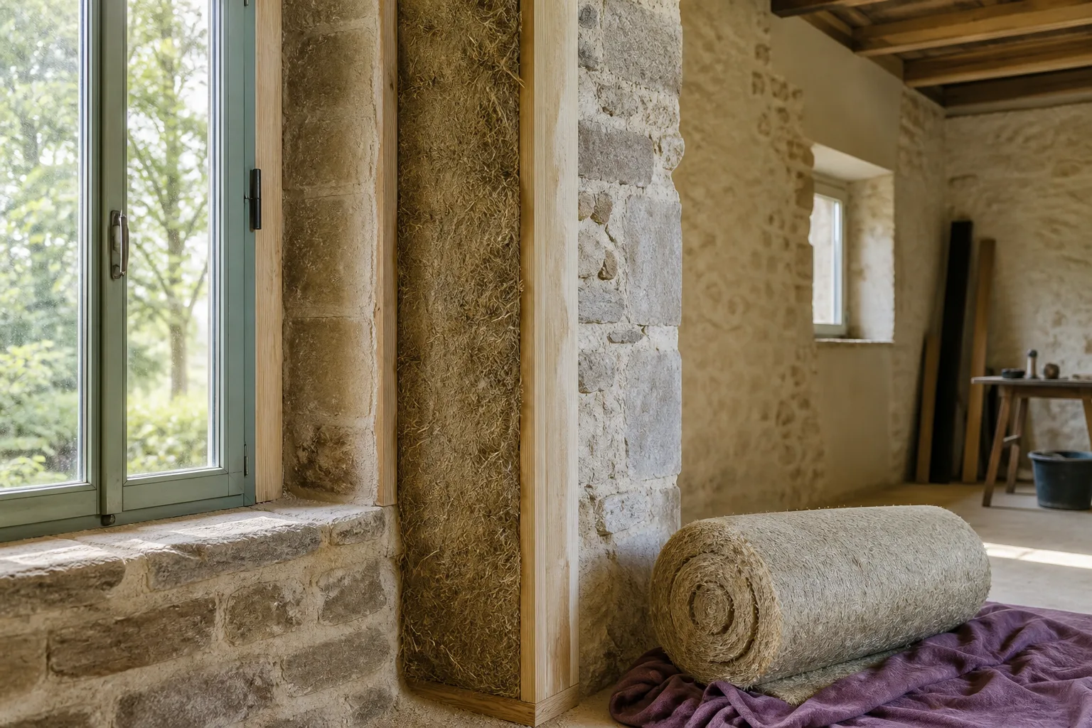 Mur en pierre ouvert sur une couche d'isolant naturel en rénovation