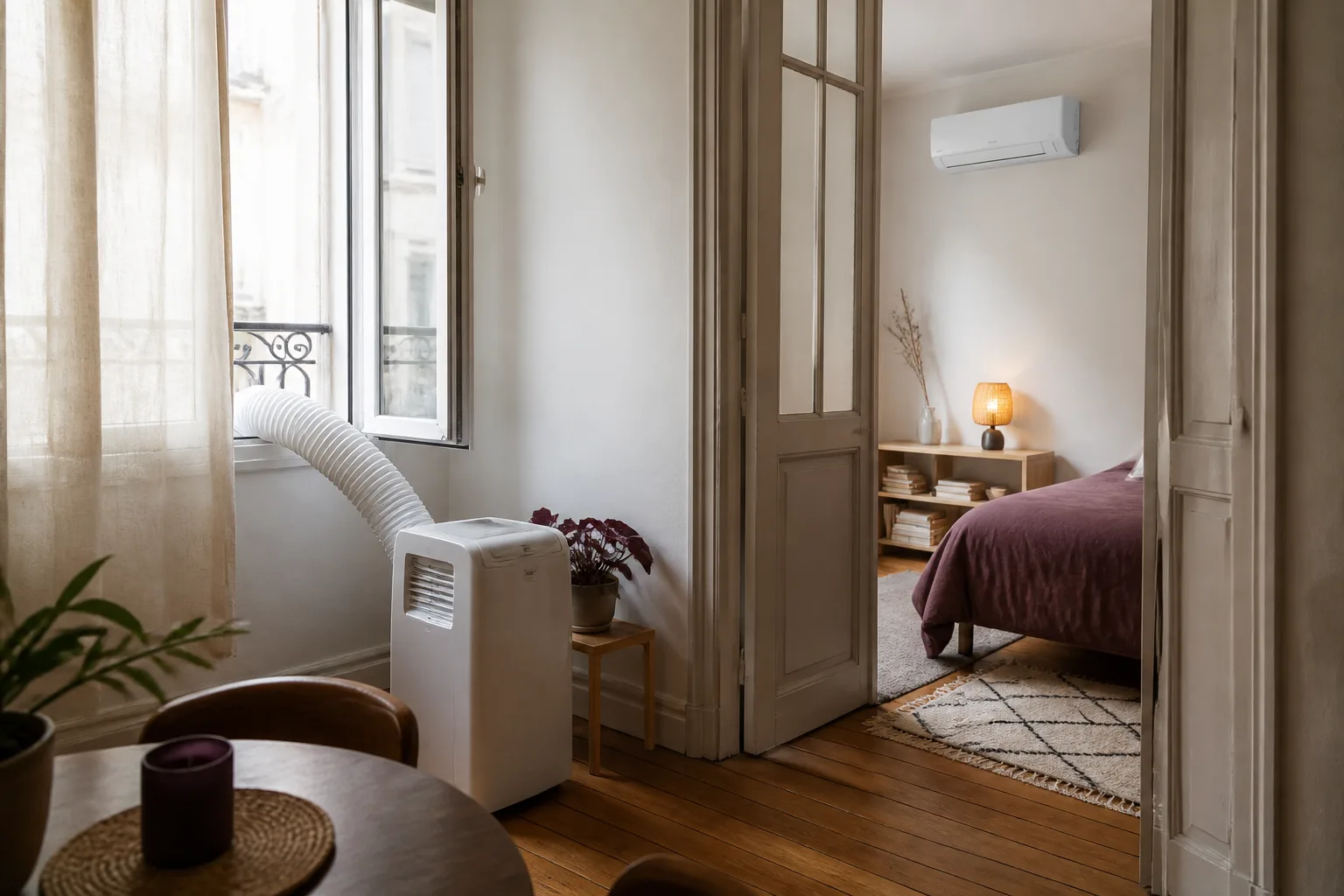 Climatiseur mobile près d'une fenêtre et unité fixe dans une pièce voisine