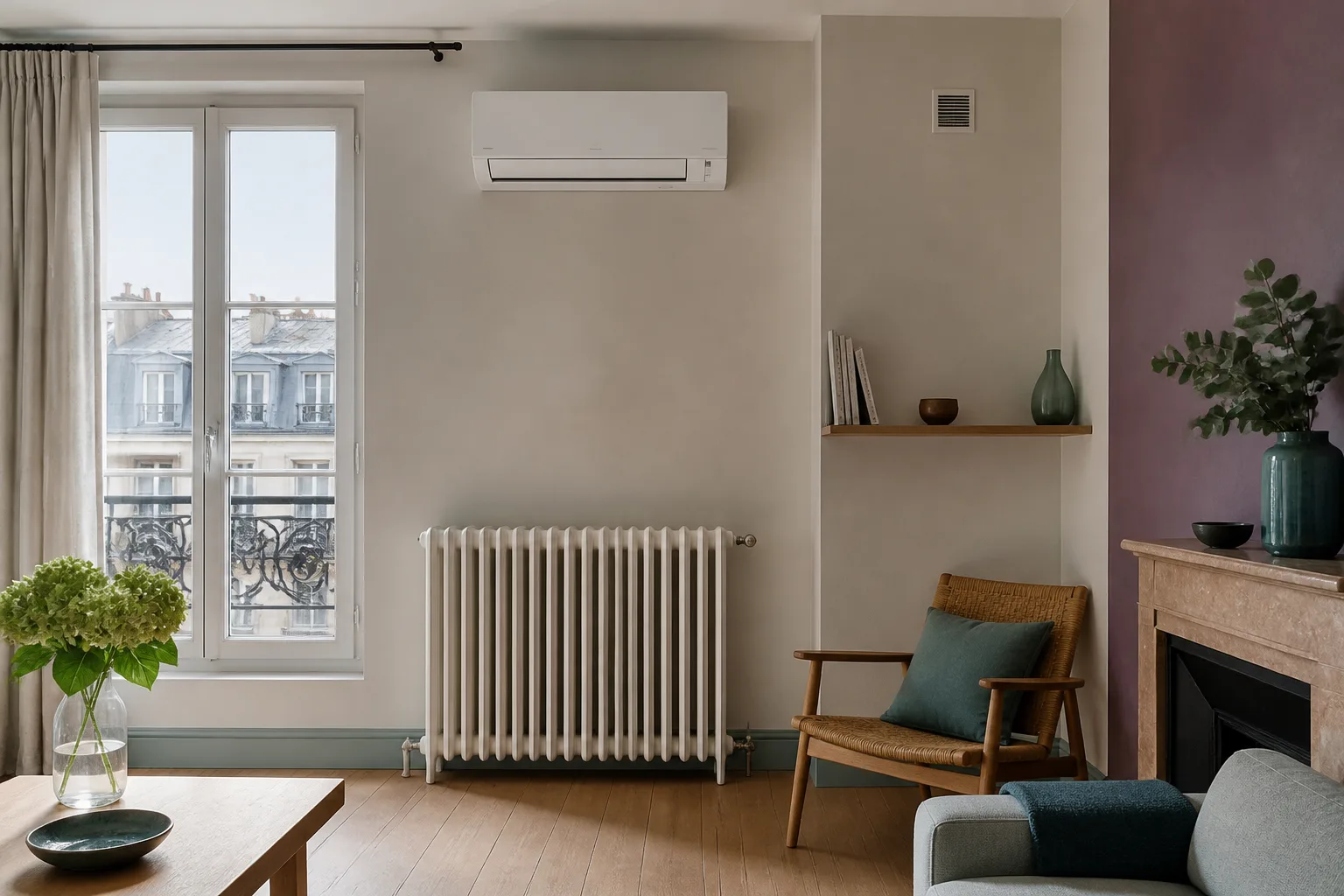 Salon avec unité de climatisation, radiateur et grille de ventilation