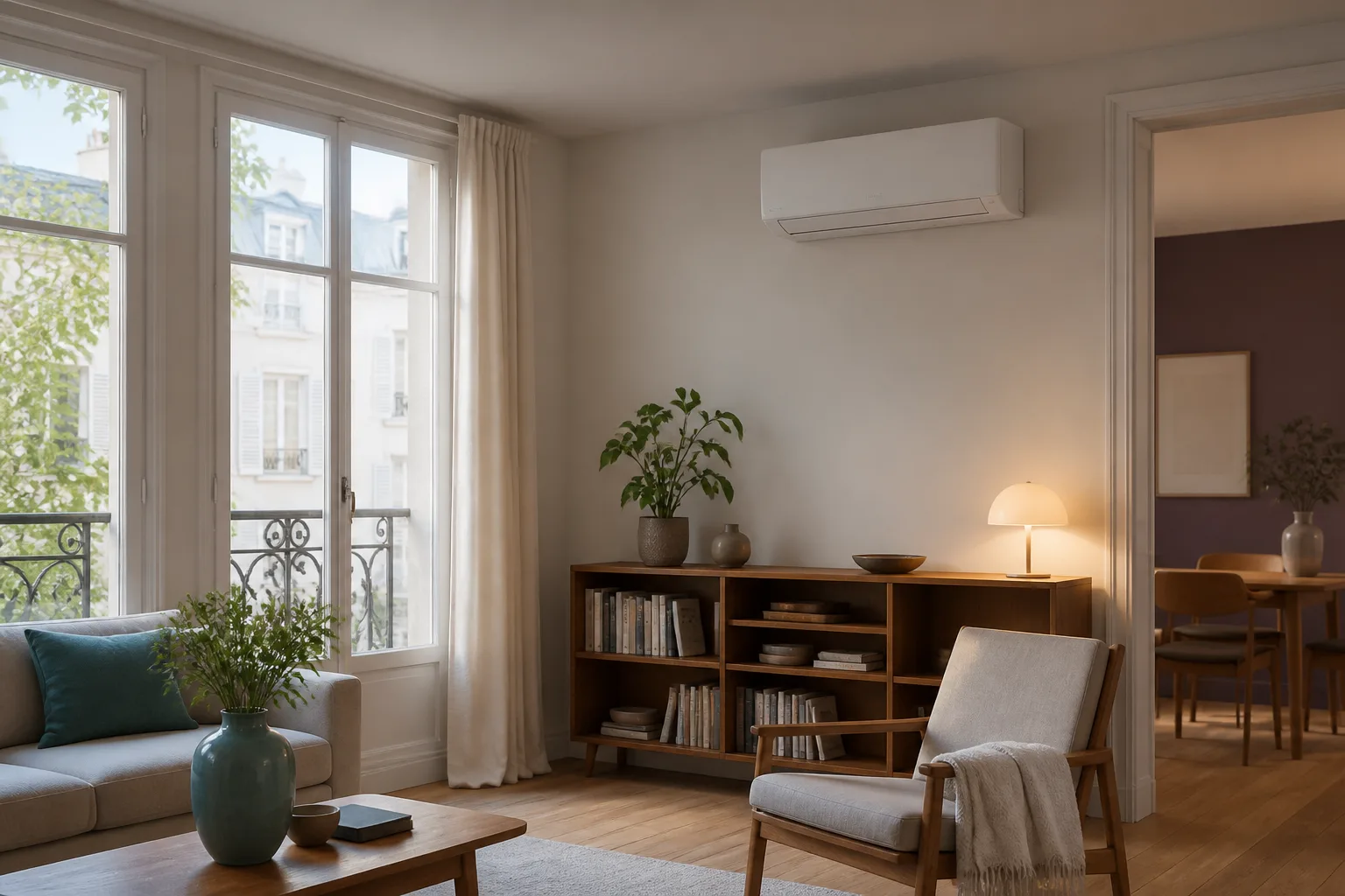 Salon avec unité intérieure et radiateur dans une saison intermédiaire