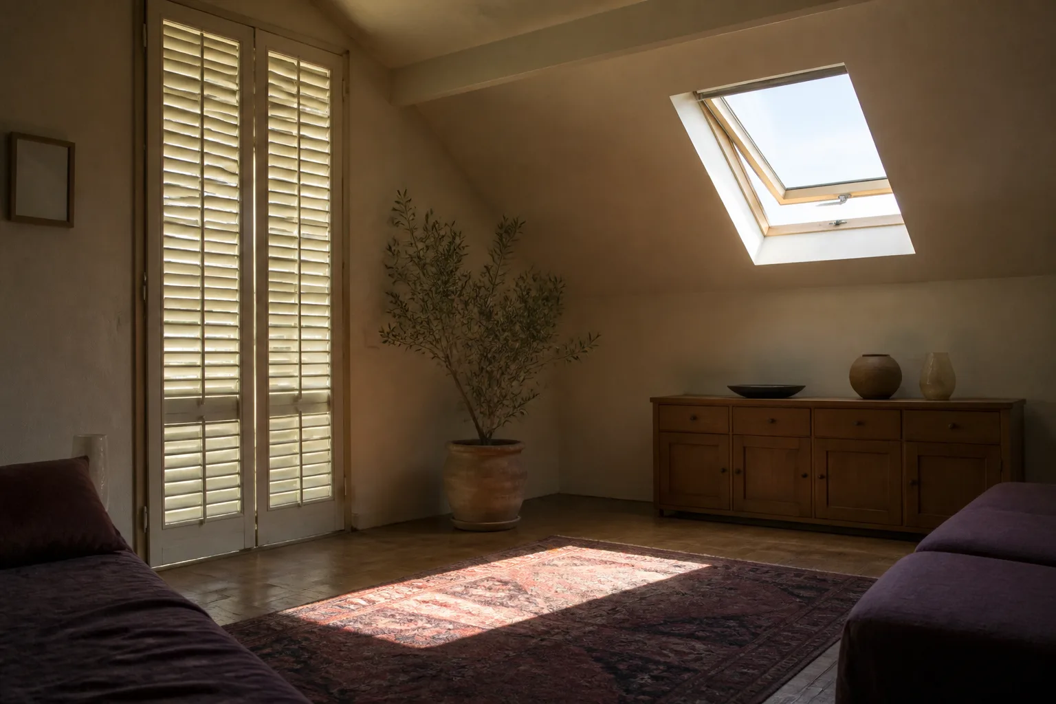 Pièce sous toiture avec volet fermé et fenêtre de toit