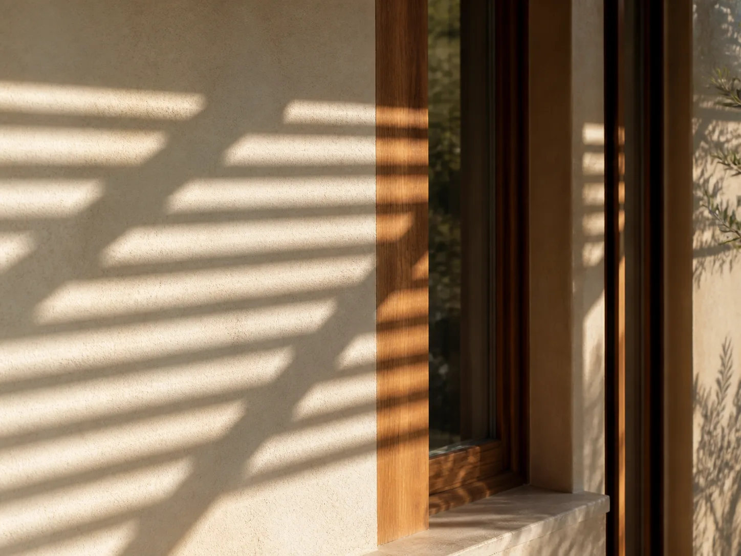 Ombres de volets sur un mur et fenêtre en bois