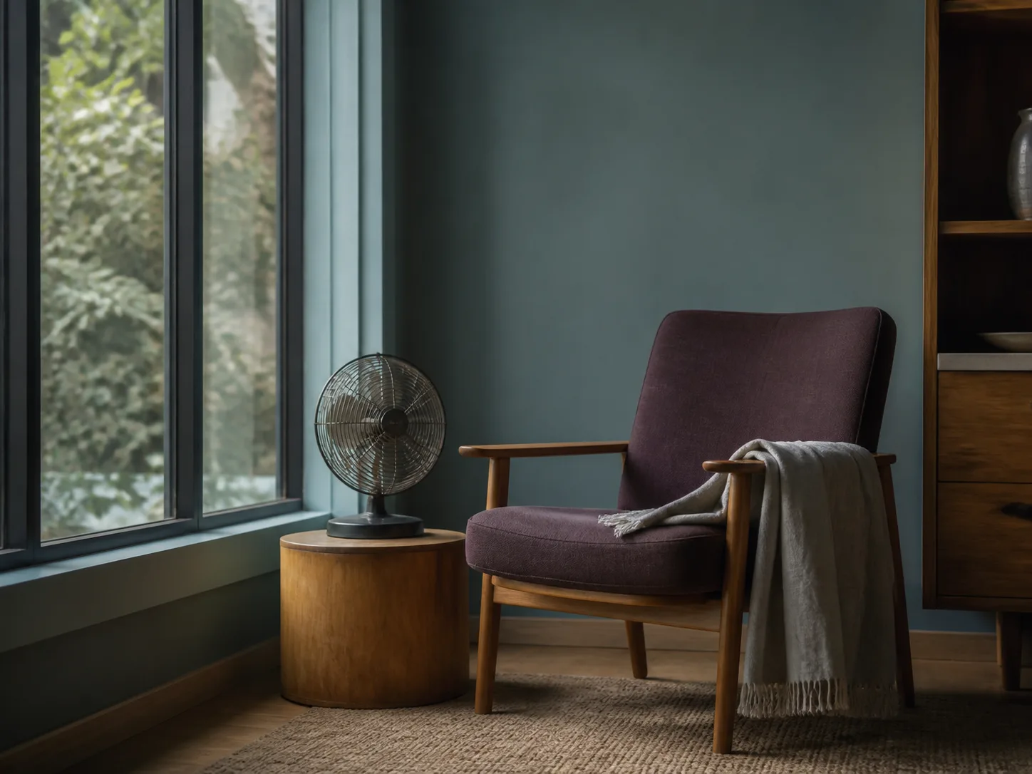 Fauteuil près d'une fenêtre avec petit ventilateur arrêté