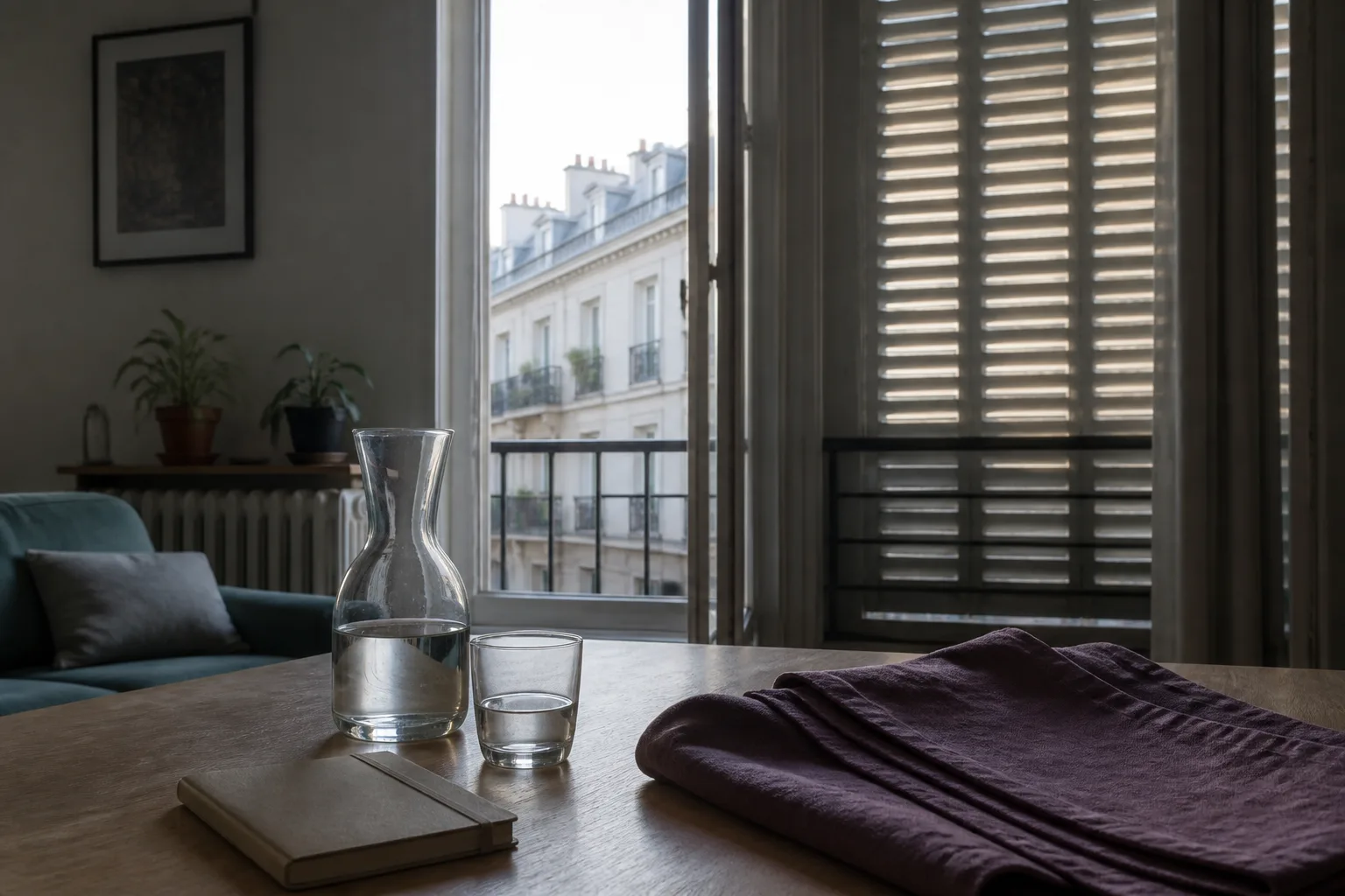 Volets mi-clos, carafe et carnet avant une journée chaude